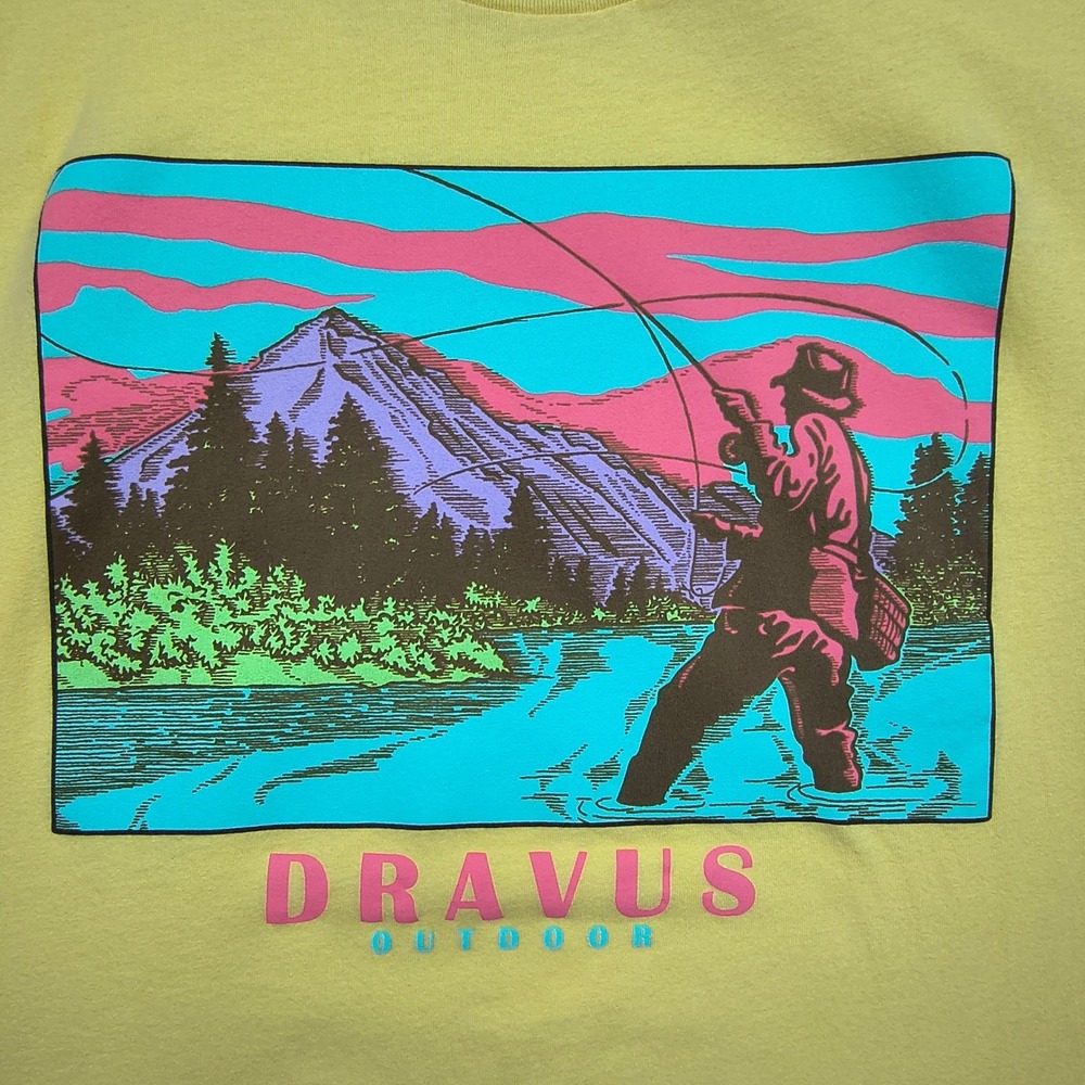 Dravus Outdoor Mens XL Yellow Fly Fishing Mountain Graphic T-Shirt‎ Cotton Tee